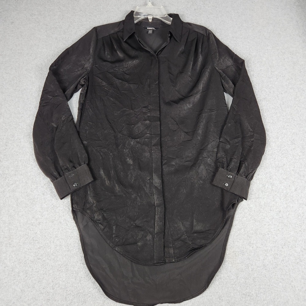 Express Tunic Shirt Women S Black Long Sleeve Classic Fit Button Up High Low Hem